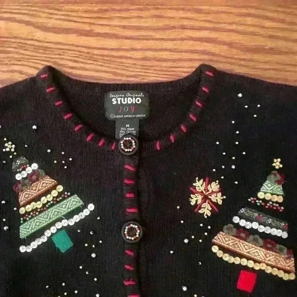 Vintage Christmas Beaded Sequin Sweater Cardigan Size Medium Ugly Christmas - Picture 9 of 15